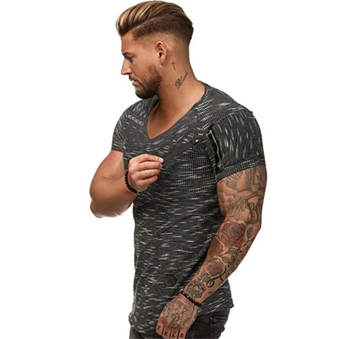 V-Neck Zipper Mens Causal T-shirts Summer Solid Color Option Men Designer Loose Tops Sport Tees