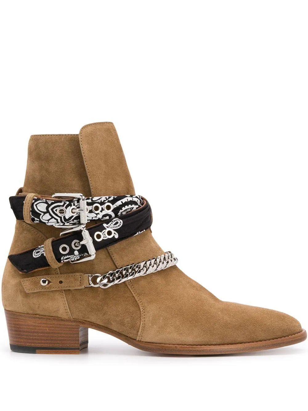 New Season Man  Chain-embellished Ankle Boots Bandana Print Side Buckle Fastening Round Toe Shoes