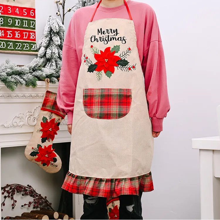 New Christmas decoration supplies big red linen apron creative adult Christmas apron restaurant atmosphere dress up T3I51329