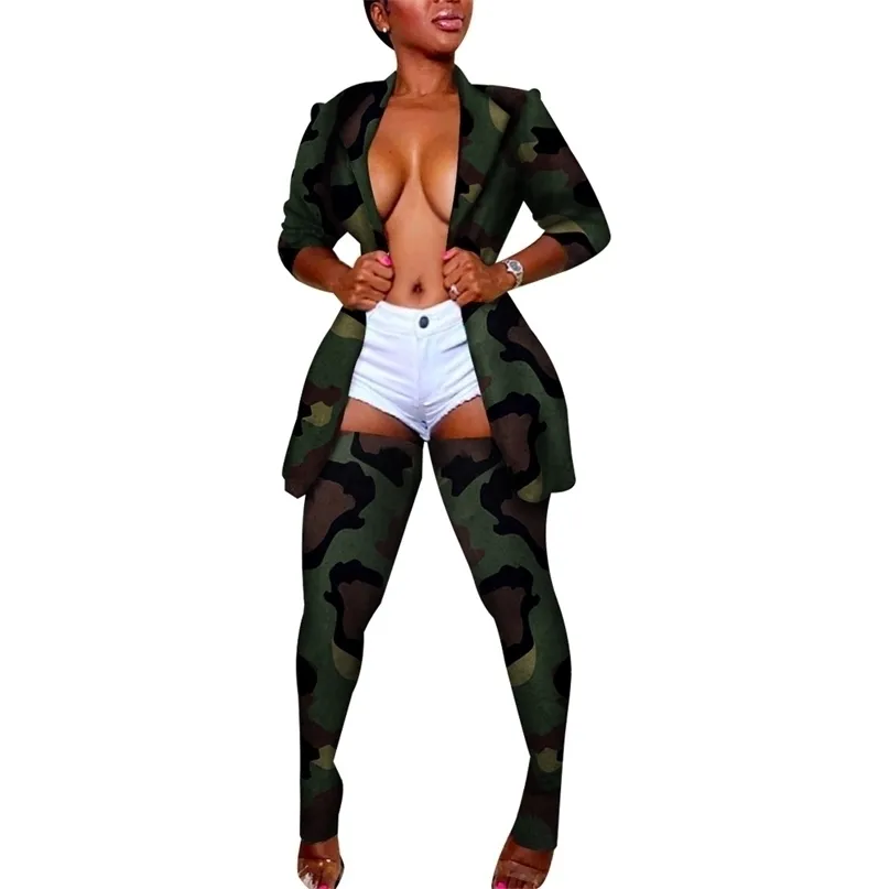 Леопардовый камуфляж напечатанный Винтаж 2 кусочков наряд женщины с длинным рукавом Blazer Top + длинные носки спорты осень зима сопоставление набор набор 220315