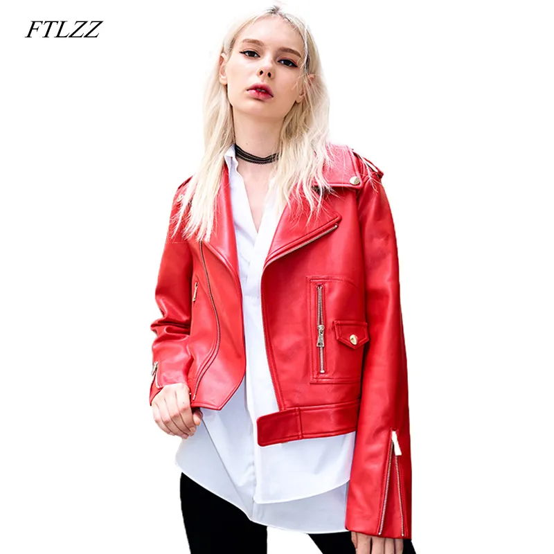 Femmes Pu cuir moto veste motard rouge Faux doux vestes col rabattu Slim Punk noir manteau 210423