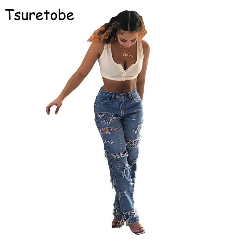 Tsuretobe Casual Hole Jean Pantaloni Donna Distrutto Strappato Distressed Pantaloni slim Donna Moda Scava Fuori Deans Pant Donna 201029