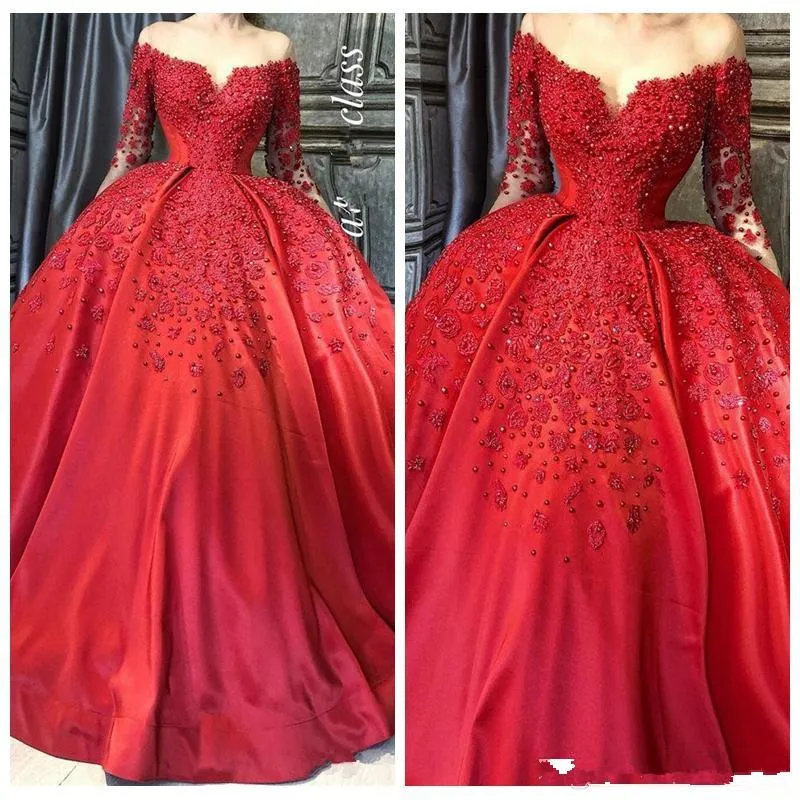 Prom 2021 Red Dresses Off The Shoulder Long Sleeves Crystals Beaded Satin Appliqued Custom Made Evening Party Ball Gown