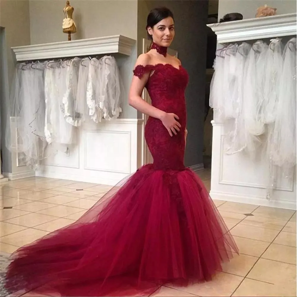 Sexy Off Shoulder Burgundy Mermaid Wedding Dress 2022 Lace Appliques Tulle Long Arabic Plus Size Reception Formal Bridal Gowns Engagement Dress