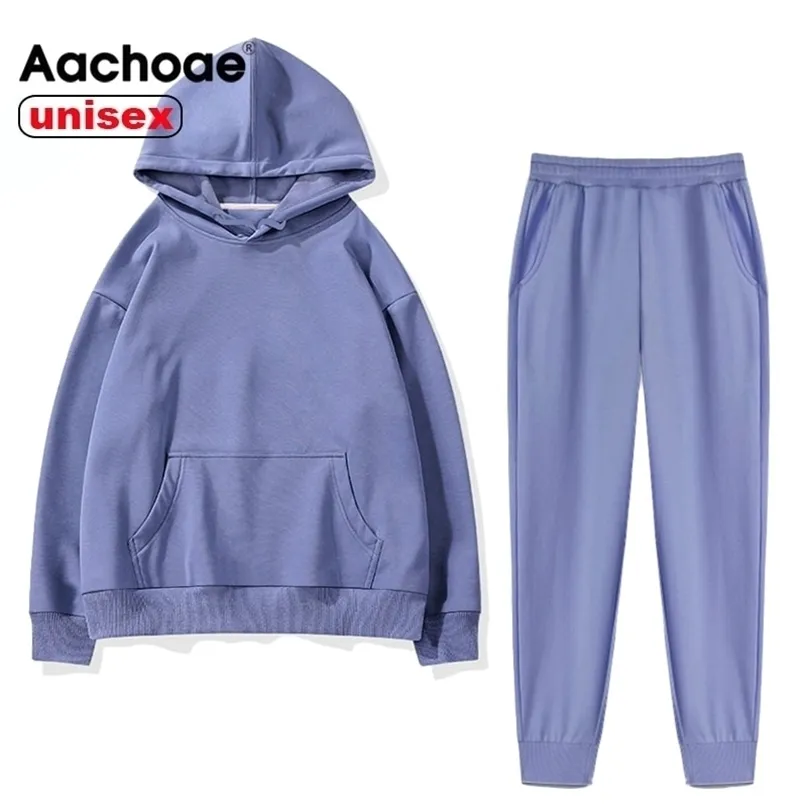 Aachoae Women Unisex Couple Fleece 100% Cotton Suits 2 Pieces Sets Casual Tracksuit Hoodies Sweatshirt Pants Plus Size 220315