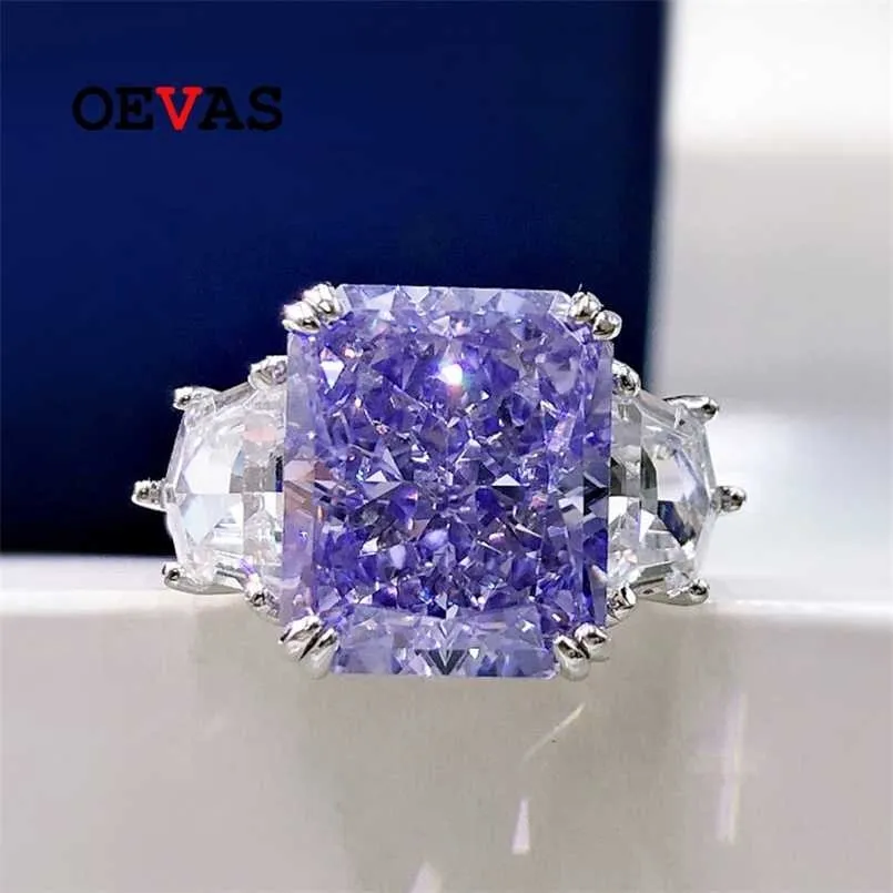 OEVAS 100％925スターリングシルバー10 * 12mm紫色の黄色の高炭素ダイヤモンドアイスフラワーカットリングスパークリングファインジュエリー220209