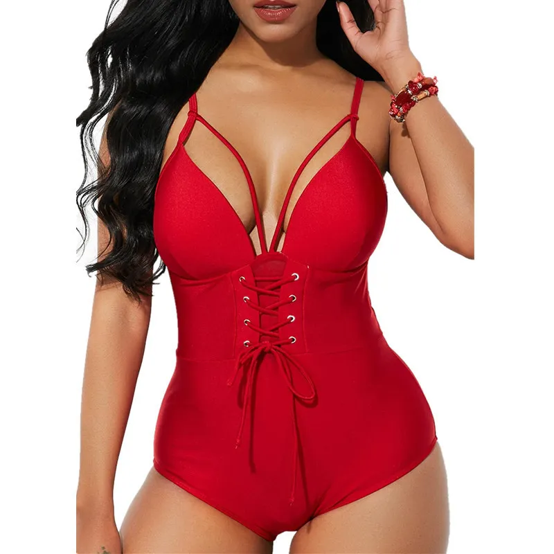 Red Black women's One piece swimsuit bandage bathing suit push up halter top swimming suit for women T200708