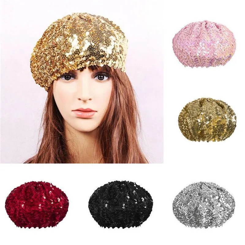 Vendre à chaud Femmes Sequen Bling Stretch Boneie Metallic Shining French Bérets Hat Club Club Cassa