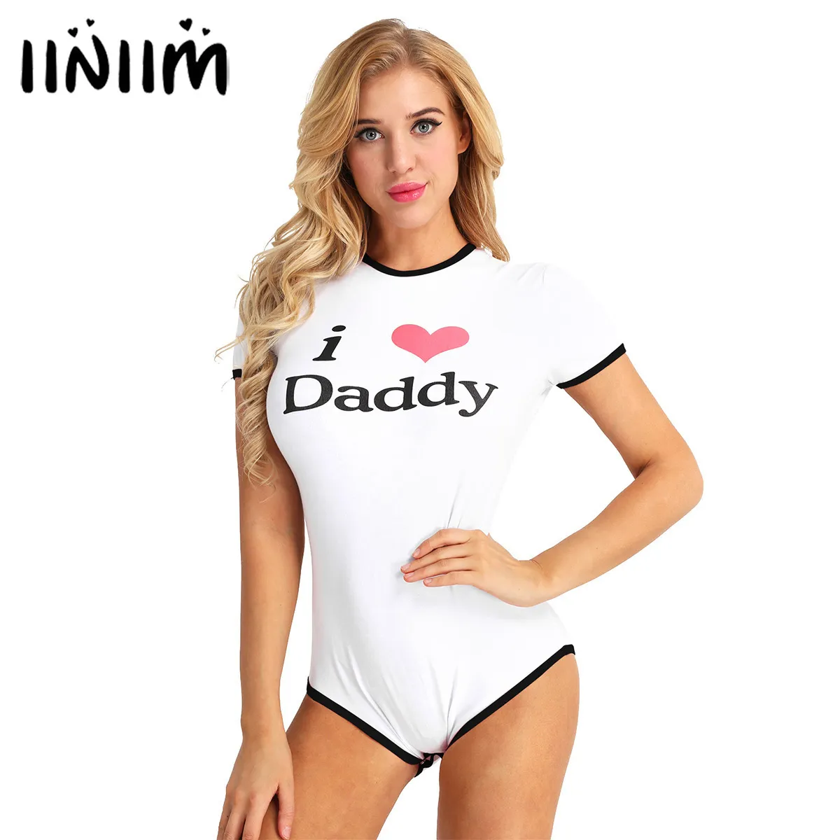 iiniim Femmes Adulte J'aime Papa Motif Appuyez Sur Le Bouton Entrejambe Coton Barboteuse Justaucorps Clubwear Combinaison Cosplay Costumes Body T200702