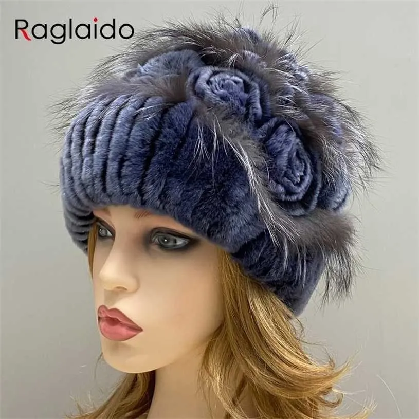 Knitted Hat Women Natural Fur Rex Rabbit Floral Cap Genuine Fluffy Stylish Female Bonnets 211229
