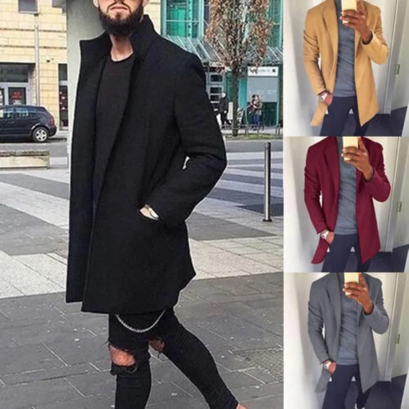 Autumn Winter Men Casual Thicken Woolen Trench Coat Business Male Solid Classic Overcoat Medium Long Jackets Tops