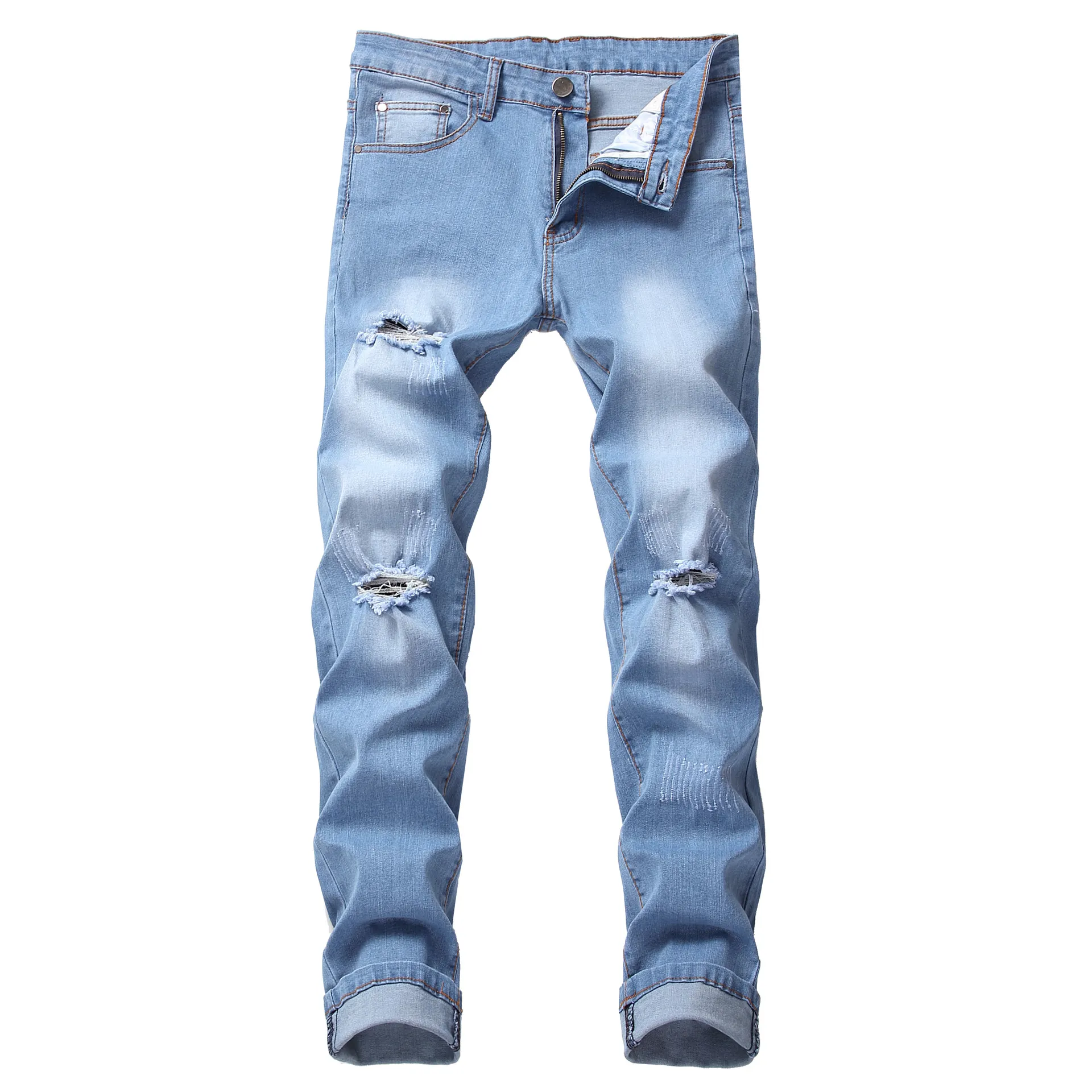 Herren Jeans Herren Blau Zerrissene Skinny Distressed Destroyed Male Biker Loch Distrressed Zipper Slim Fit Denim Freizeithosen Hosen