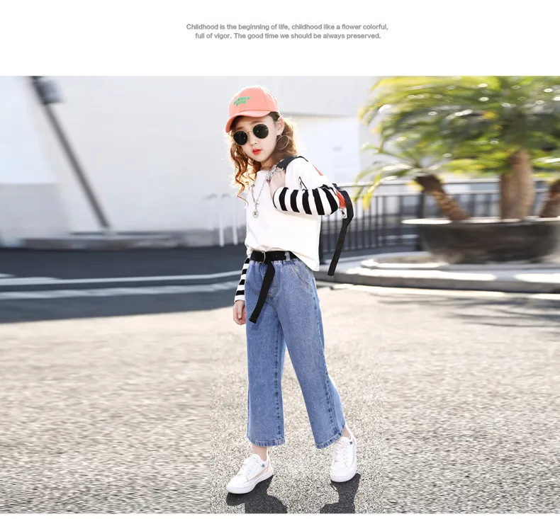 Jeans élastique Fille 5-15 Ans Jeans Filles Happy Cherry Taille Haute Jambe Large - Confortable Et Tendance Pantalon Denim Enfant