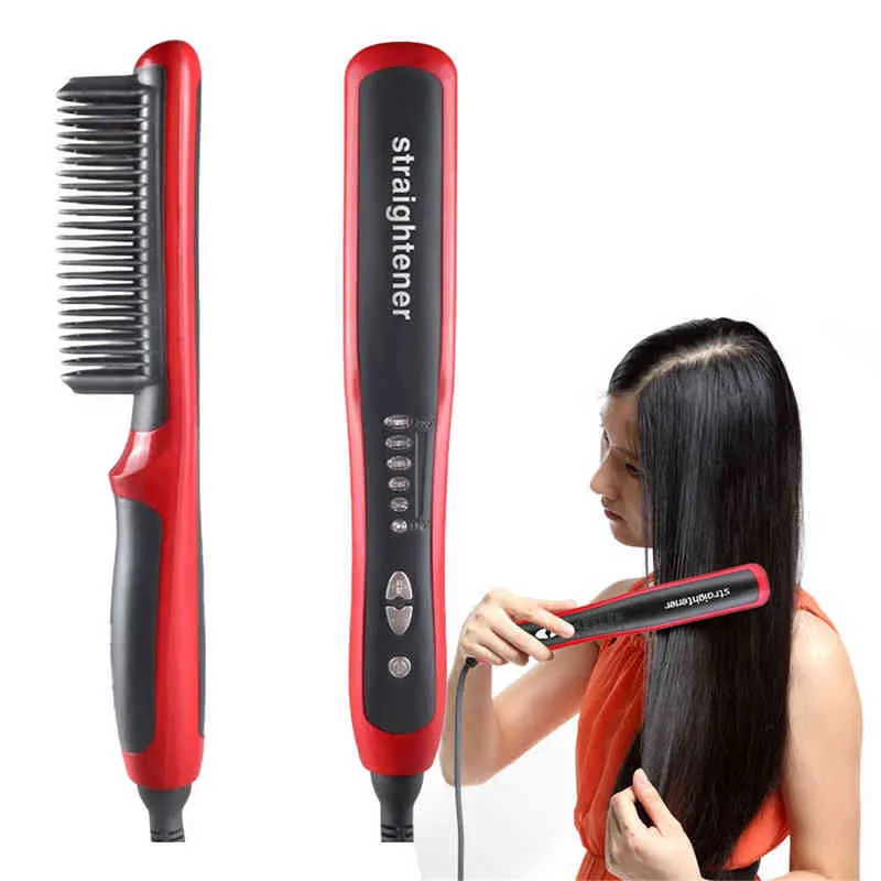 Lisseurs de cheveux en céramique anti-brûlure Bigoudis Fers plats Brosse à cheveux multifonctionnelle Fer à friser Peigne à lisser Hommes Barbe 211224