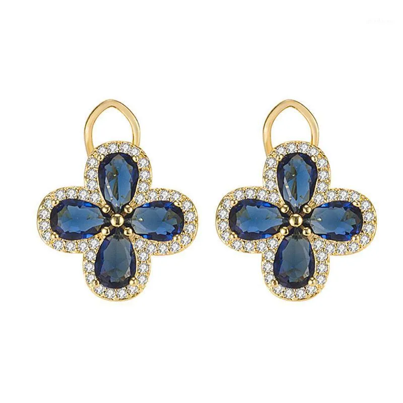 Stud Vintage Royal Clover Blue Crystal Sapphire Gemstones Diamonds Earrings For Women Gold Color Jewelry Bijoux Party Accessorie1