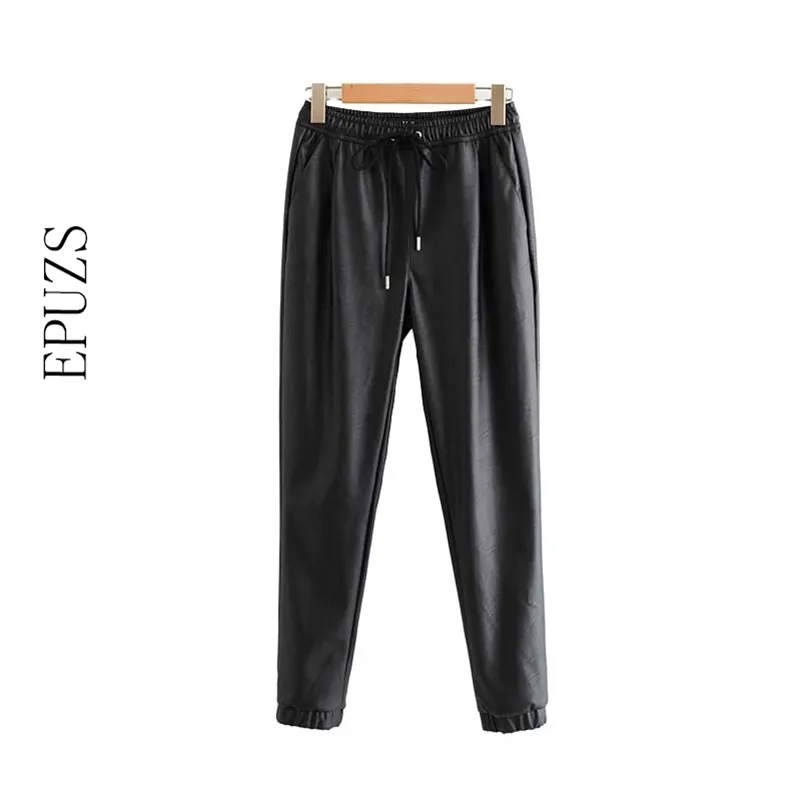 winter elastic high waist pant women Black pu leather pants women harem pants joggers pencil trousers streetwear pantalon femme LJ201029