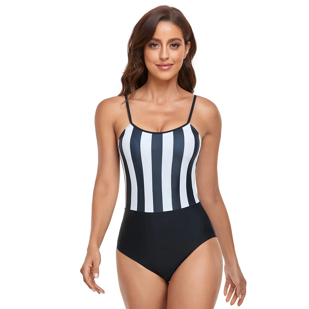 Kvinnors badkläder öppen rygg rem One Piece Bodysuits Swim Wear Beach Suits Randig Belly Cover Slimming Fitble Suits