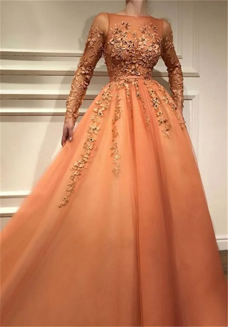 Modest Orange Long Sleeve Prom Dresses 2022 3D Appliques A Line Sheer Neck Floor Length Evening Gowns Formal Vestidos Custom Mad