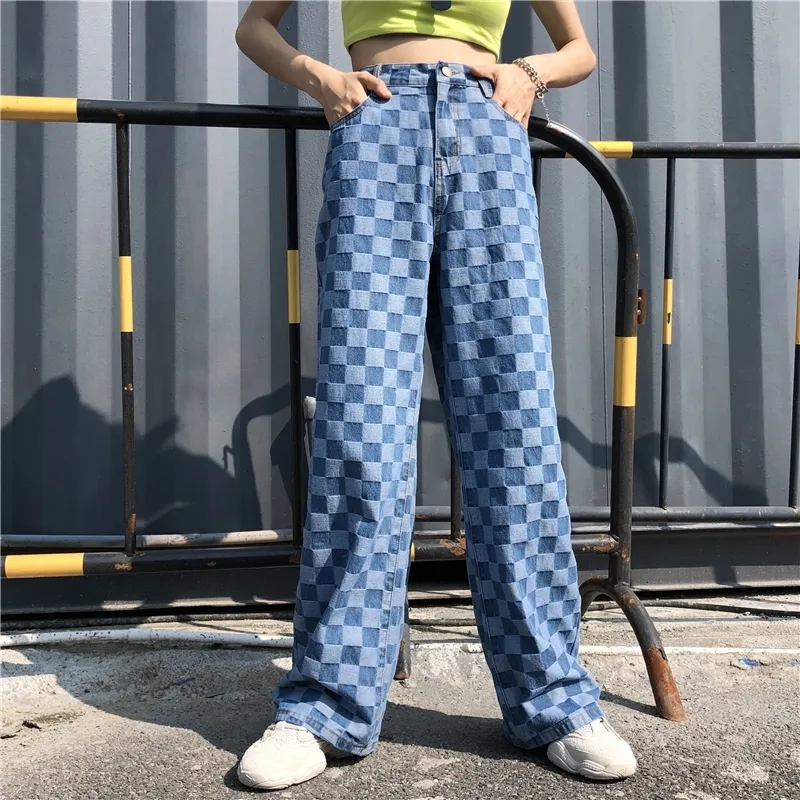 Nouveau coton jean à carreaux femmes Vintage 90s petit ami taille haute Denim pantalon femme Plaid jambe large jean pantalon droit