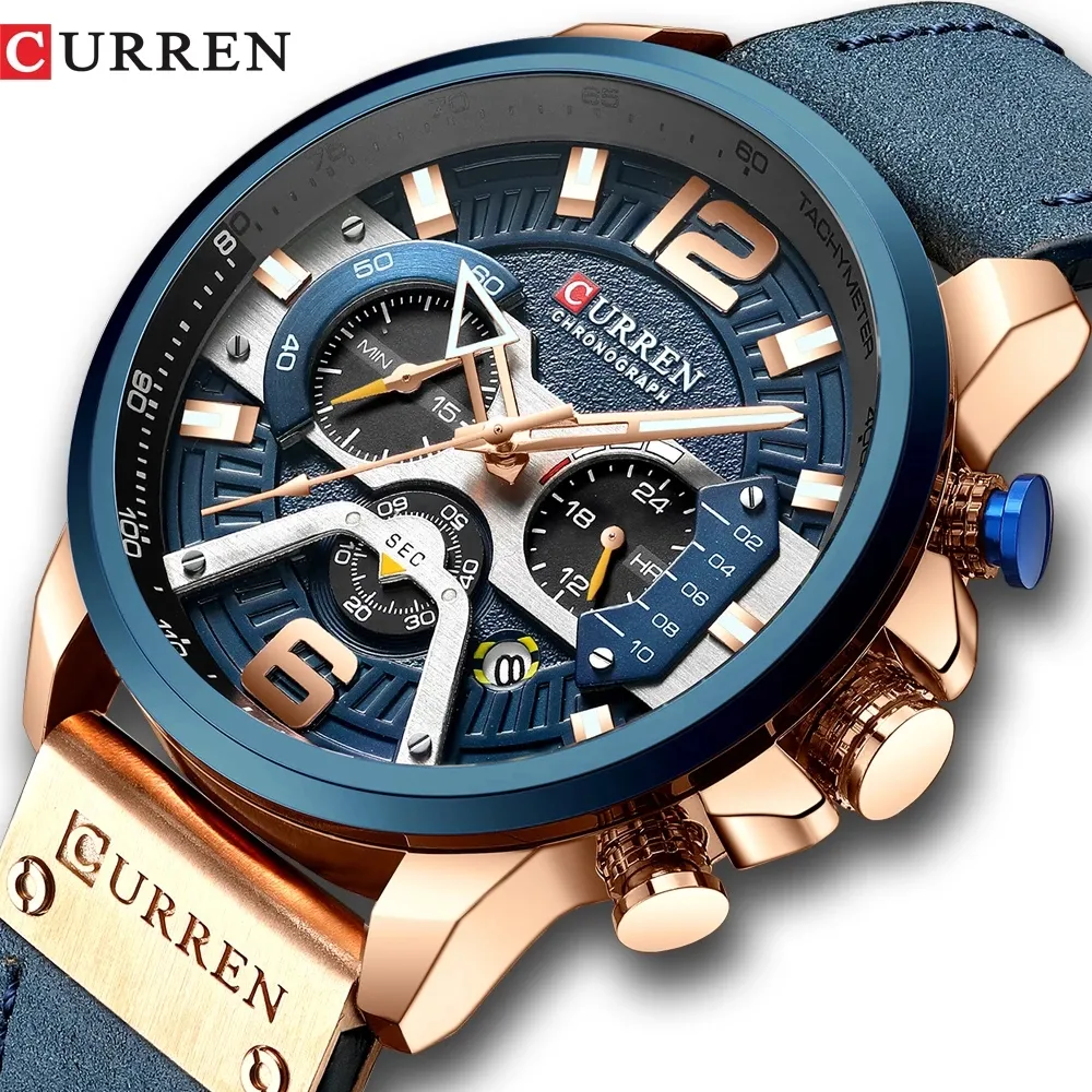 男性の青いトップブランドの贅沢なミリタリーレザー腕時計の男時計クォーツファッションクロノグラフの腕時計