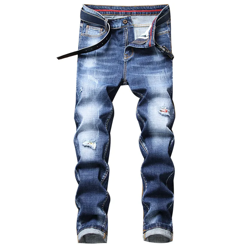 Erkek Kot Erkek Tasarımcı Moda Yıkanmış Mavi Klasik Sıska Denim Pantolon Çizilmiş Sıkıntılı Biker Jean