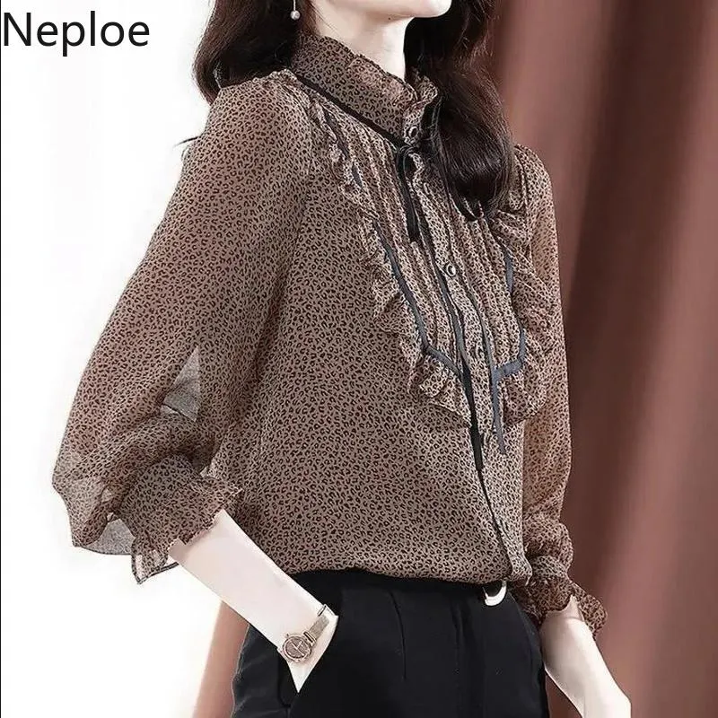 Blusas femininas Camiseta Neploe Plus Sized Mulheres Chiffon Leopard Print Stand Collar Ruffles Coreano Tops Elegant Blusas Mujer de Moda 2021