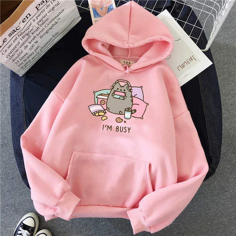 Funny The Cat Hoodie Women Fashion Kawaii Korean Harajuku Sweatshirt Female 90s Cartoon Clothes Hood Oversized Girls 220115