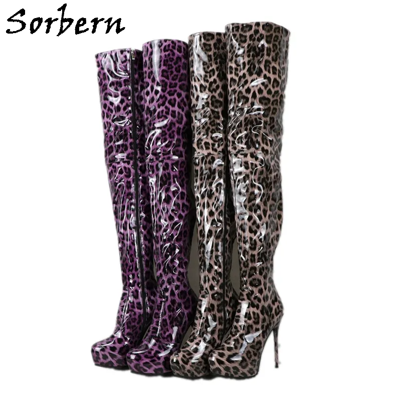 Sorbern Leopard 특허 Mid 허벅지 높은 부츠 여성 보이지 않는 플랫폼 구두 하이힐 Stilettos 맞춤 맞춤