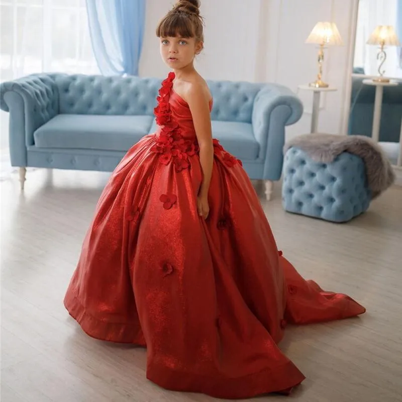 Bling Red Flower Girl Dresses For Wedding One Shoulder 3D Flowers