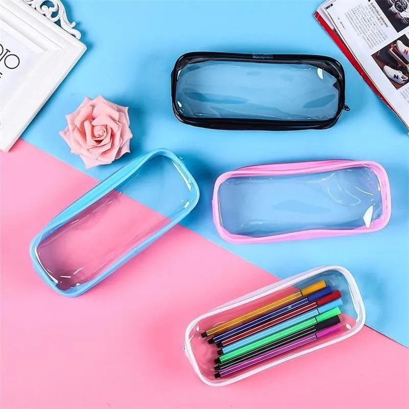 PVC Pen Bag Clear Pencil Case Cosmetic Bag With Zipper Stationery Convenient Student Pencil Bags