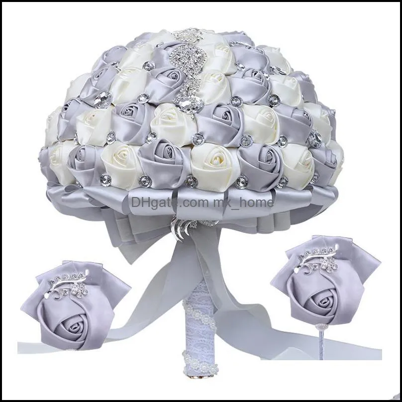 Fiori decorativi Ghirlande Forniture per feste festive Giardino domestico Bouquet da sposa Matrimonio argento Nastro di cristallo Rosa Damigella d'onore Gruppo Polso Cor Su