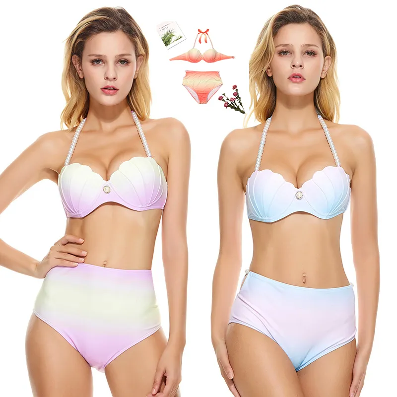 2021 Bikini a sirena a 3 stili Reggiseno a conchiglia sfumato blu viola arancione con perla Halter a vita alta 2 pezzi Costume da bagno Costumi da bagno da spiaggia