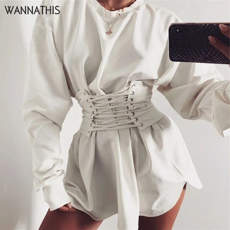 WannaThis Casual A-lineDresses con cintura Hight Waist Bandage Laceup Solid Slim manica lunga Autunno Inverno O-Collo Mini abito donna T200416