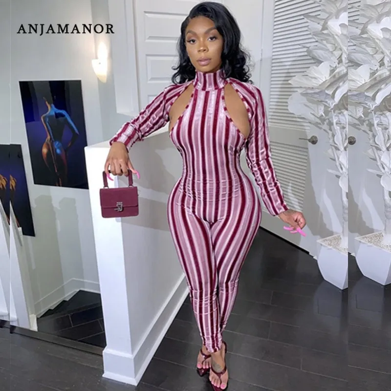 Anjamanor Sexy Mulheres Jumpsuit Veludo Black Rosa Listrado Recorte Out High Neck Manga Longa Bodycon One Piece Outfit Club Wear D37AC72 T200509