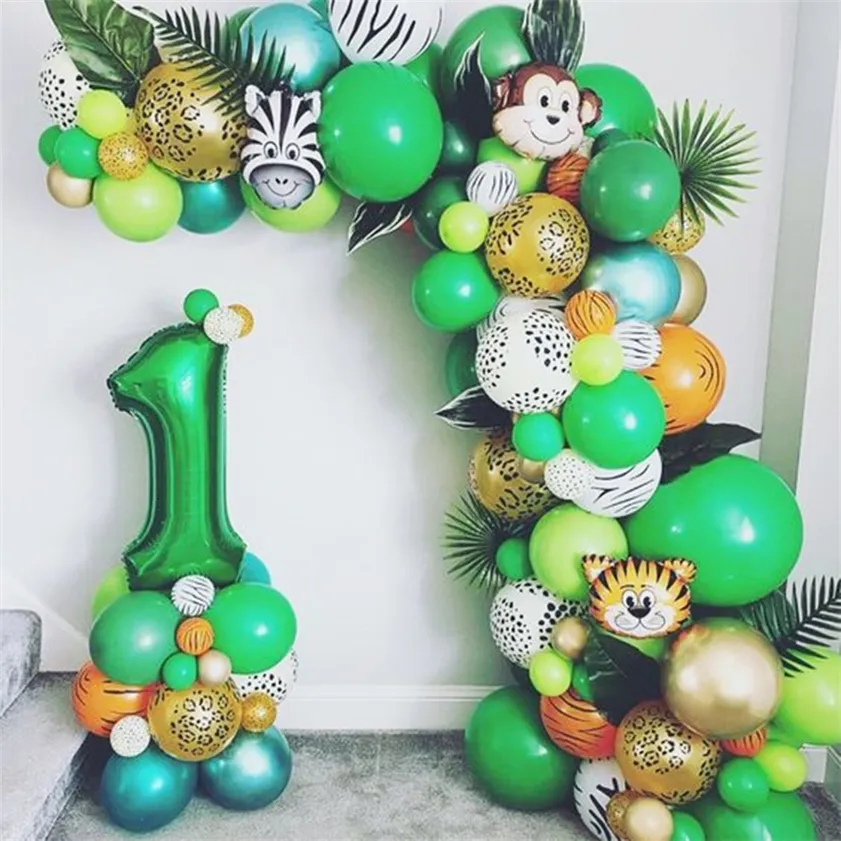 109st Jungle Animal Balloon Set Birthday Party Decorations Kids Tiger Zoo Tema Folie Ballonger Leverans Dekor 220217