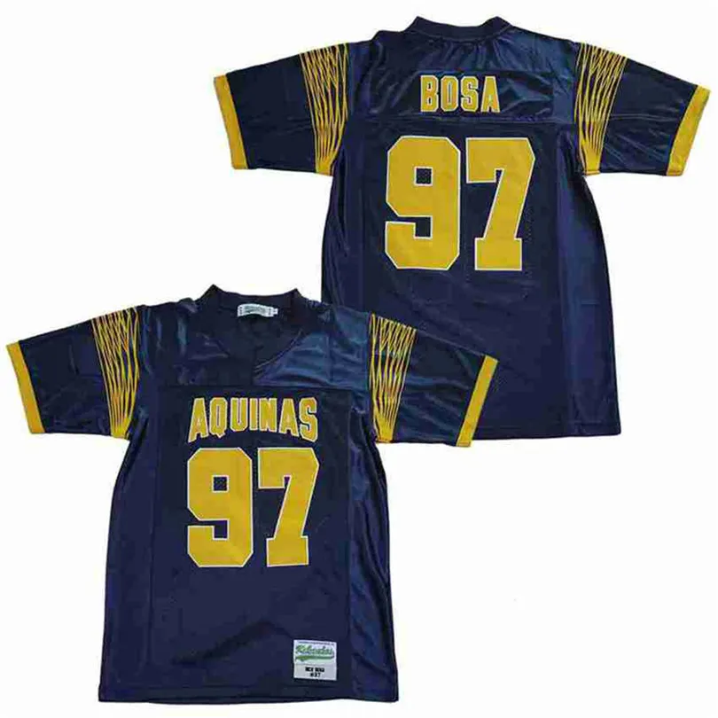 High School Football 97 Nick Bosa St Thomas van Aquino Jersey Heren Ed en Borduursel Team Away Marineblauw Ademend Puur Katoen Kwaliteit