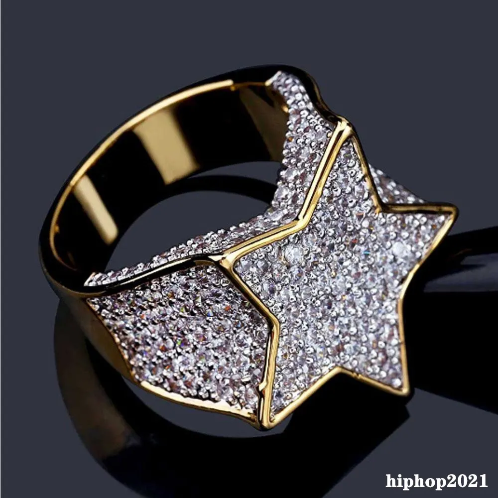 Super Star Gold CZ Bling Anel Micro Pave Zircão Cúbico Simulado Diamante Hip Hop Mens Jóias Mens Anéis