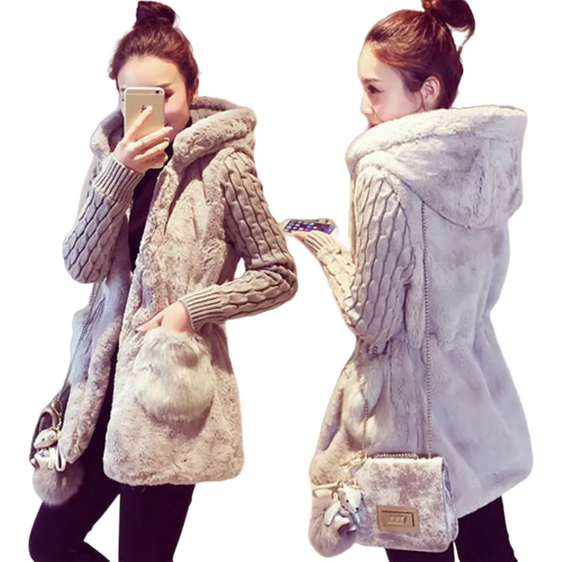 Vår Höstjacka Kvinnor Hooded Coat Furry Faux Fur Sticka Sweater Coat Big Pocketswomen Coats and Jacket Plus Size Women Jacket 201112