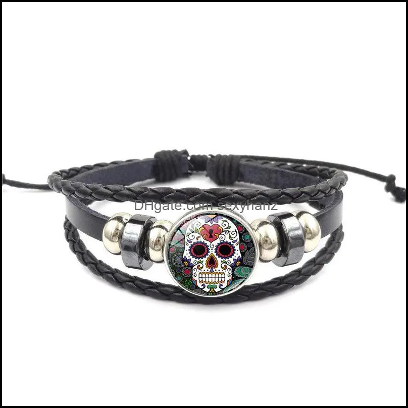 Sugar Skull Snap Button Charm bracelet For women men 18mm Ginger Snap Multilayer Rope bangle Fashion DIY Jewelry