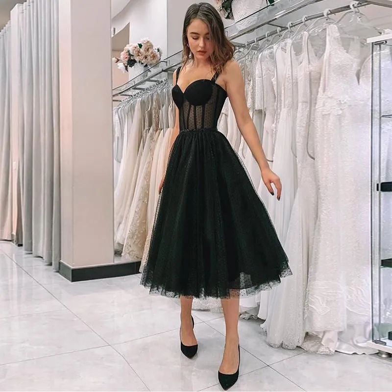 2020 Nuevo Vestido De Graduaci n Negro Correa De Espagueti Lunares