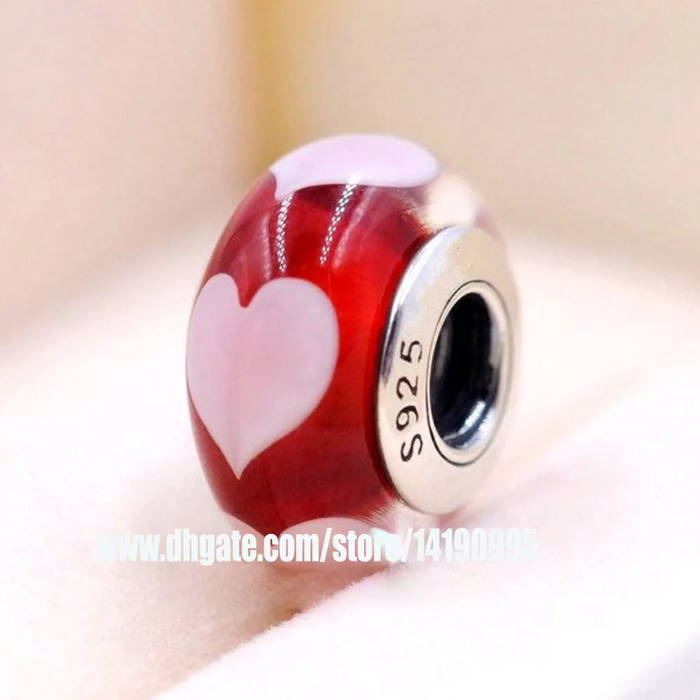 2 pezzi in argento sterling 925 con cuori in vetro di Murano rosso con perline adatte a braccialetti con ciondoli per gioielli stile Pandora