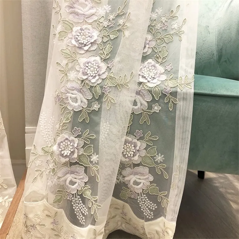 European high-end luxury window screen embossed rope embroidery flower tulle curtain for living room bedroom beige sheer panel#4 LJ201224