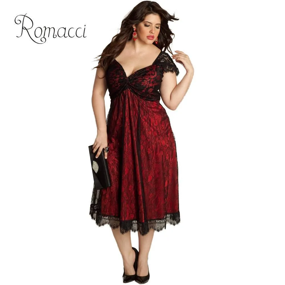 Romacci النساء 3xl 4xl 5xl زائد حجم اللباس الحبيب الخامس الرقبة كاب كم الزهور الدانتيل اللباس ميدي العجل أنيقة مثير نادي حزب اللباس T190608