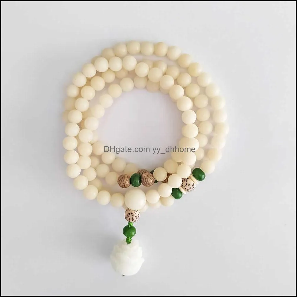 White Bodhi Hand String Bracelet 108 Rosary Buddhist Beads Lotus Pendant Literary Jewelry Gifts for Lovers or Friends