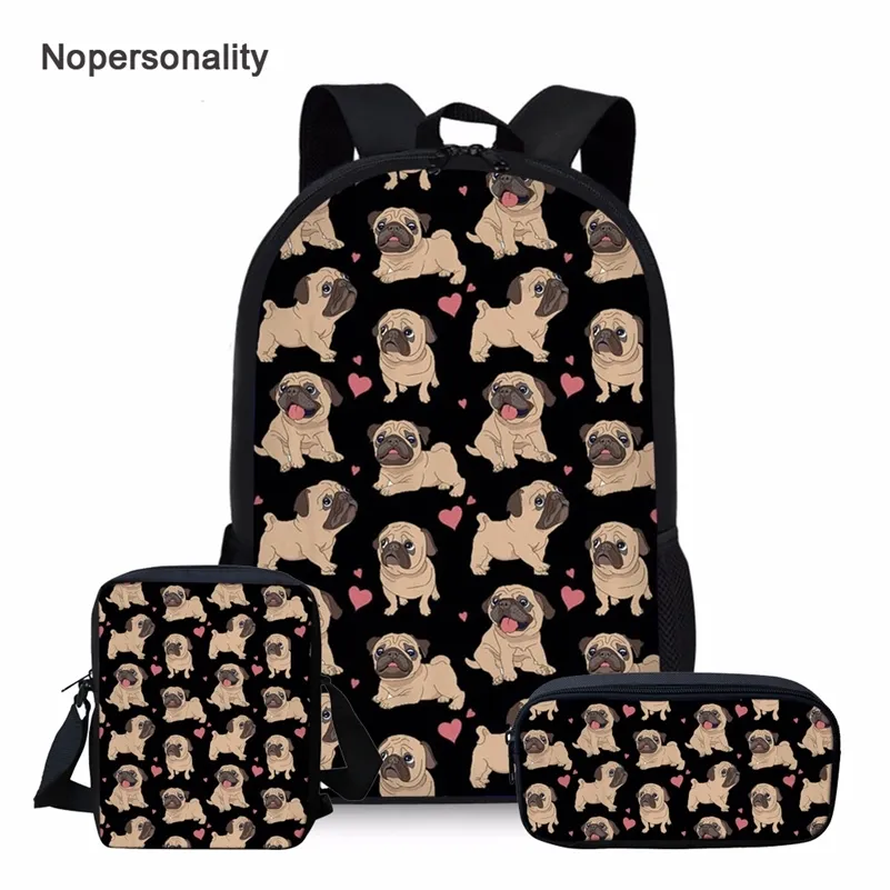 Nopersonal Black Puppy Pug Dog Print School Bag Set för Teen Girls Söt Primär Student Kids Bookbag Barn SchoolBags LJ201225