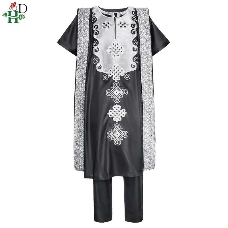 Ethnic Clothing H&D African Agbada For Men Robe Shirt Pants 3 PCS Set 2021 Dashiki Embroidery Ensemble Homme Wedding Fashion Attire