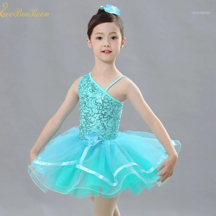TUTU Ballet pour filles Bleu Slanted Épaule paillettes Scole Performance  Robe de ballet pour enfant Moderne Costume Dance Dress1