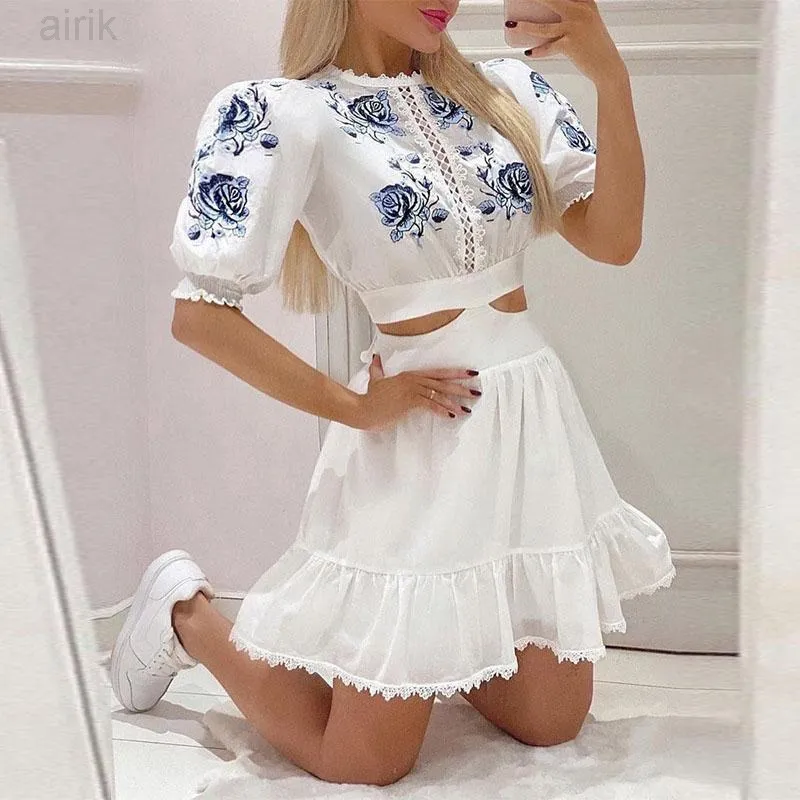 Casual Dresses Women Sexy Hollow Dress Fashion Puff Sleeve Blue Rose Print Temperament A Line Mini Wrap Sundress Boho Beach