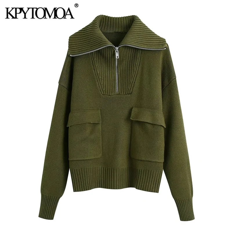 KPYTOMOA Kvinnor Mode med fickor Zip-up Loose Stickad Sweater Vintage High Neck Långärmad Kvinna Pullovers Chic Toppar 211221