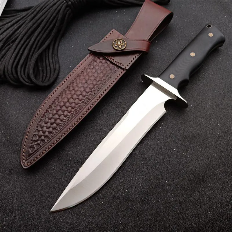 Hoogwaardige handgemaakte overleving Rechte mes DC53 Satijnen Drop Point Blade Volledige Tang G10 Handvat Outdoor Hunting Messen met lederen schede